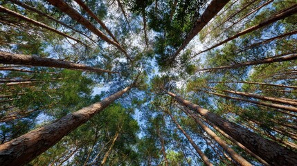 Lush Forest Canopy View: A breathtaking perspective of towering tree trunks reaching for the sky, a lush forest canopy bathed in the soft glow of natural light.