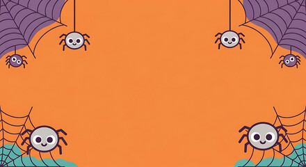 Whimsical halloween backdrop featuring cute spider cartoons and ornate webs