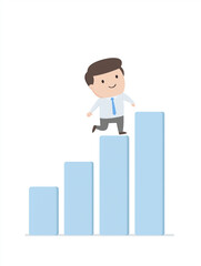 Cartoon business character climbing growth bar chart symbolizing success and performance improvement