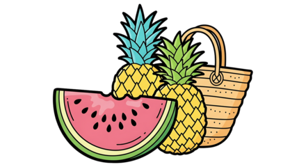 Whimsical summer fruit medley with bold outlines against a dark backdrop