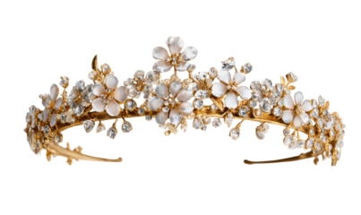 Ornate gold tiara with floral and gemstone accents