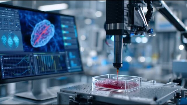 3D bioprinting biofabrication. Tissue engineering. Organ printing. Medical device. Biotech. bioink. Advanced laboratory setup with robotic arm and biological sample analysis.