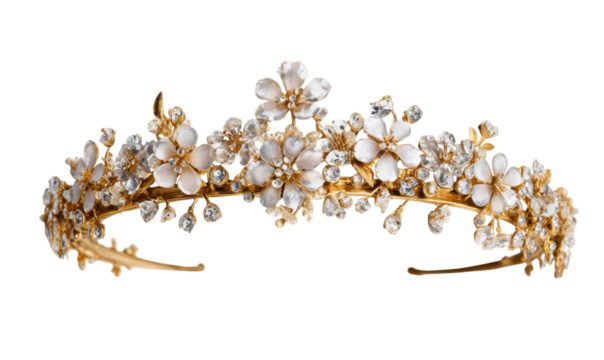 Ornate gold tiara with floral and gemstone accents
