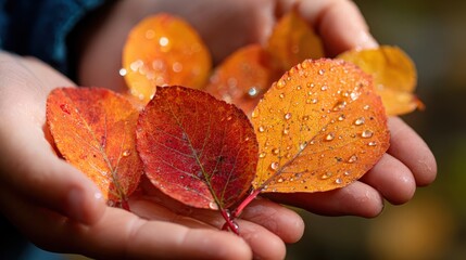Autumnal Embrace: A close-up shot of delicate hands gently cupping a collection of vibrant autumn leaves, displaying a rich tapestry of fiery hues.