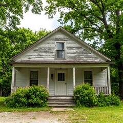 A weathered white house with a porch