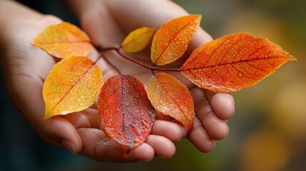 Autumn's Embrace: Delicate hands cradle a vibrant branch adorned with autumn leaves, showcasing the beauty of nature's transformation.