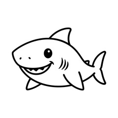 Obraz premium A cute and friendly cartoon shark character smiling. Simple black and white line art, perfect for a coloring book page or children's design. Isolated on a white background.