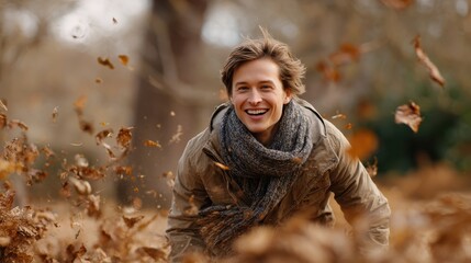 Autumn Serenade: Capturing a man's joyful moment as he is playfully among a swirl of golden, fallen leaves on an autumn day, reflecting a mood of lightheartedness and glee.
