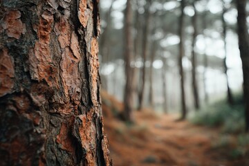 Obraz premium Close-up of a weathered pine trunk, with a blurred forest path in the background
