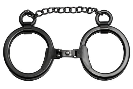 Handcuffs displayed on a transparent background showcasing their metallic finish and design for use in law enforcement or security illustrations and graphics