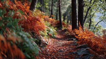 Winding Trail Through the Autumn Forest: A captivating trail weaves its way through a vibrant autumnal woodland, offering a journey through a tapestry of colorful foliage and majestic trees.