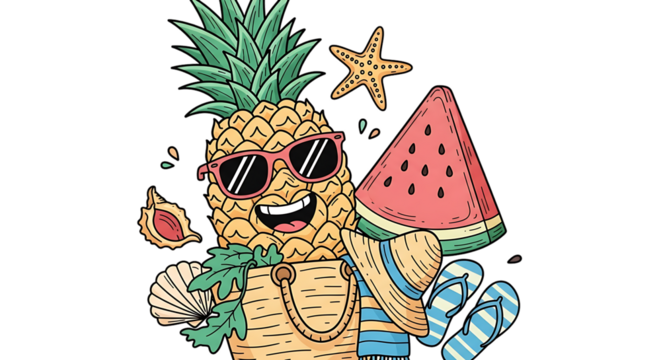 Fun cartoon illustration of summer beach vibes with pineapple character