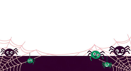 Whimsical halloween background illustration with cartoon spiders and web