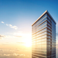 Modern skyscraper against sunset sky