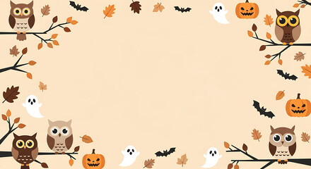 Festive autumn adorned with owls, pumpkins, leaves, bats and smiling ghosts