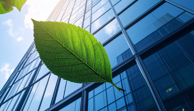 Eco-Friendly Architecture: A vibrant green leaf floats gracefully in front of a modern glass building, symbolizing the harmony between sustainable practices and urban development.