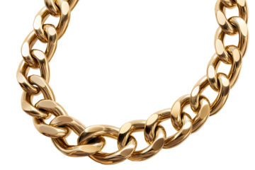 Gold rolo necklace chain with a smooth, polished finish isolated on a transparent background showcasing its elegance and craftsmanship in detail