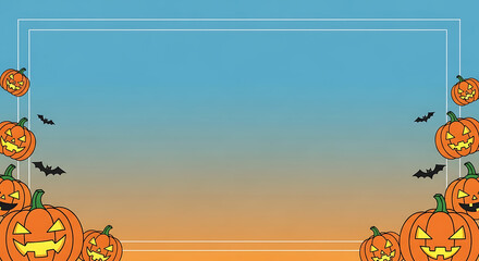 Festive halloween frame with cartoon pumpkins and bats gradient background