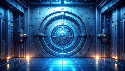Obraz premium Secure Citadel: A grand, futuristic vault door, bathed in a cool blue light, exudes an aura of impregnability, security, and cutting-edge technology. Metallic textures gleam.
