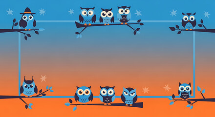 Whimsical nocturnal bird gathering in autumnal twilight illustrated template