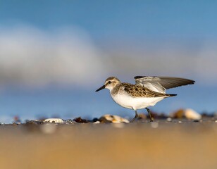Sandpiper Bird Stretching Wings on Beach: Coastal Wildlife Photography