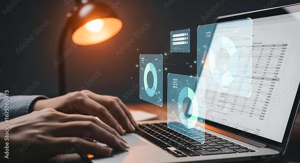 Aufkleber person typing on laptop with data visualizations and lamp in the background on a dark surface ai gen
