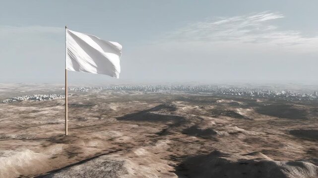 A white flag is on a hill in the desert. The flagpole is brown. White flag planted on generic Gaza map silhouette, clean conceptual muted ceasefire