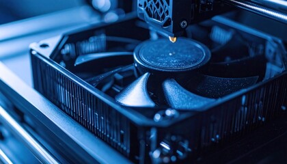 3D Printer Head Printing Close Up with Technology Background.