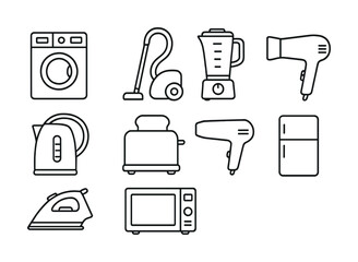 Vector icons of household appliances: washer, vacuum, blender, toaster, kettle, microwave, refrigerator