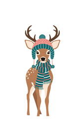 Fototapeta premium Whimsical woodland creature wearing a cozy winter hat and scarf with antlers standing in a snowy forest