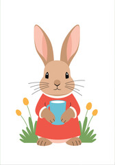 Obraz premium Charming rabbit holding a blue cup amidst yellow flowers and green grass