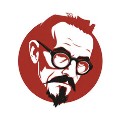 Obraz premium Stylized illustration of a man with glasses and a goatee, depicted in a minimalist red and white graphic style isolated on transparent background