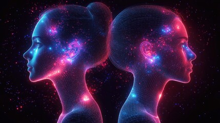 Two glowing digital wireframe female profiles facing opposite directions with vibrant blue and pink lights and star-like particles against a dark background