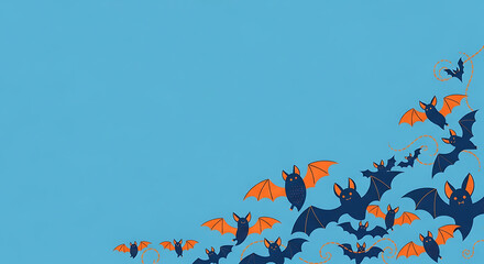 Whimsical halloween background with cartoon bats on a soft sky blue tone