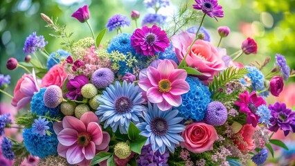 Fototapeta premium Vibrant Floral Arrangement with Roses Anemones and Hydrangeas in a Garden Setting
