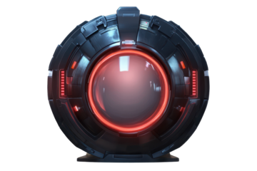 Futuristic MRI machine designed with advanced technology and sleek aesthetics in a clinical setting, showcasing its round structure and illuminated accents