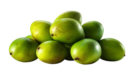 Obraz premium A pile of unripe green mangoes stacked against a white background in a studio setting showing texture
