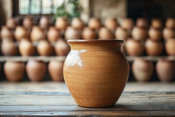 A single polished clay pot placed on a wooden surface with rows of similar clay pots blurred in the background, evoking a calm and earthy atmosphere