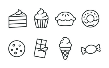 Outline icons of desserts: cake, cupcake, pie, donut, cookie, chocolate, ice cream, candy