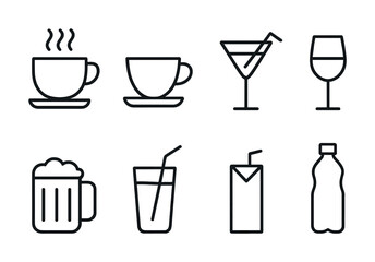 Variety of beverage icons featuring coffee, cocktails, beer, juice, and water bottle