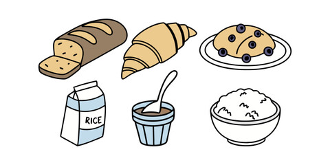 Colorful cartoon illustration of a variety of breakfast foods.