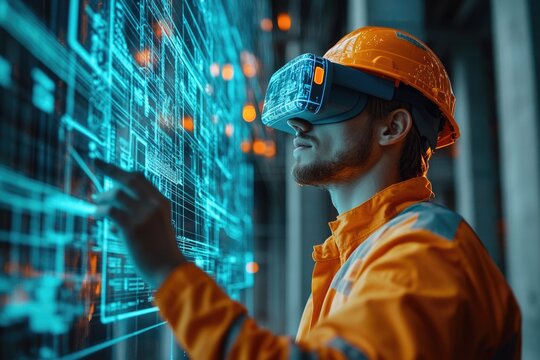 Construction worker using VR headset interacts with a digital blueprint, showcasing innovative technology in the building industry.