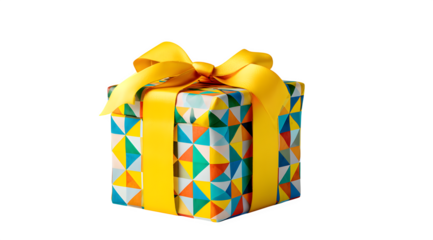 A colorful gift box wrapped with yellow ribbon and bow on a white background celebration present