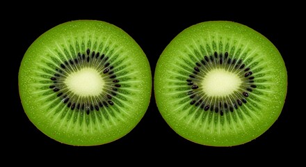 Main Subject: Two halves of a fresh kiwi fruit, sliced in half to show the vibrant interior.

Unique Features: The image uses a high-contrast style with the bright green fruit against a deep black bac