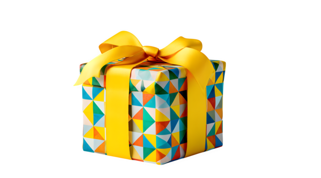 A colorful gift box wrapped with yellow ribbon and bow on a white background celebration present