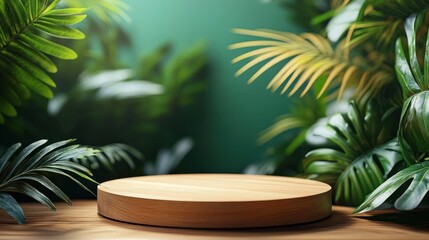 Obraz premium Empty wooden display platform surrounded by lush green tropical plants creating a natural and calming atmosphere
