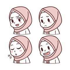 Cute Cartoon Muslim Girl with Different Expressions