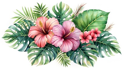 Watercolor Tropical Floral Arrangement with Hibiscus Flowers and Monstera Leaves