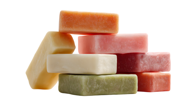 A stacked arrangement of assorted colorful soap bars against a white background creating a spa like scene