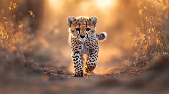 young cheetah cub walking forward on a dusty path surrounded by dry grass in warm golden light